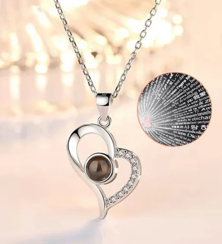 100 Dilde Seni Seviyorum Kalpli Projeksiyonlu Gümüş Kolye